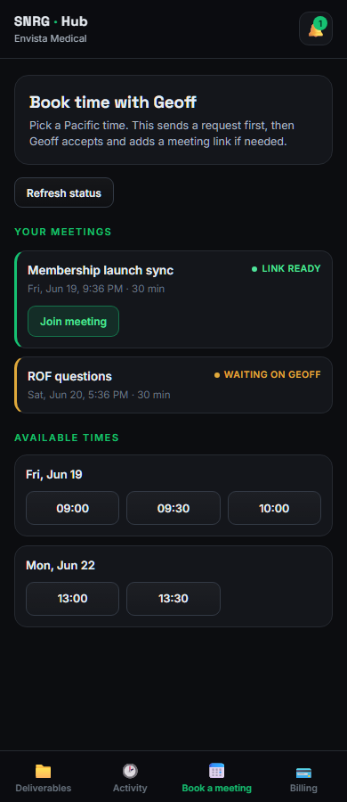 SNRG client hub booking screen