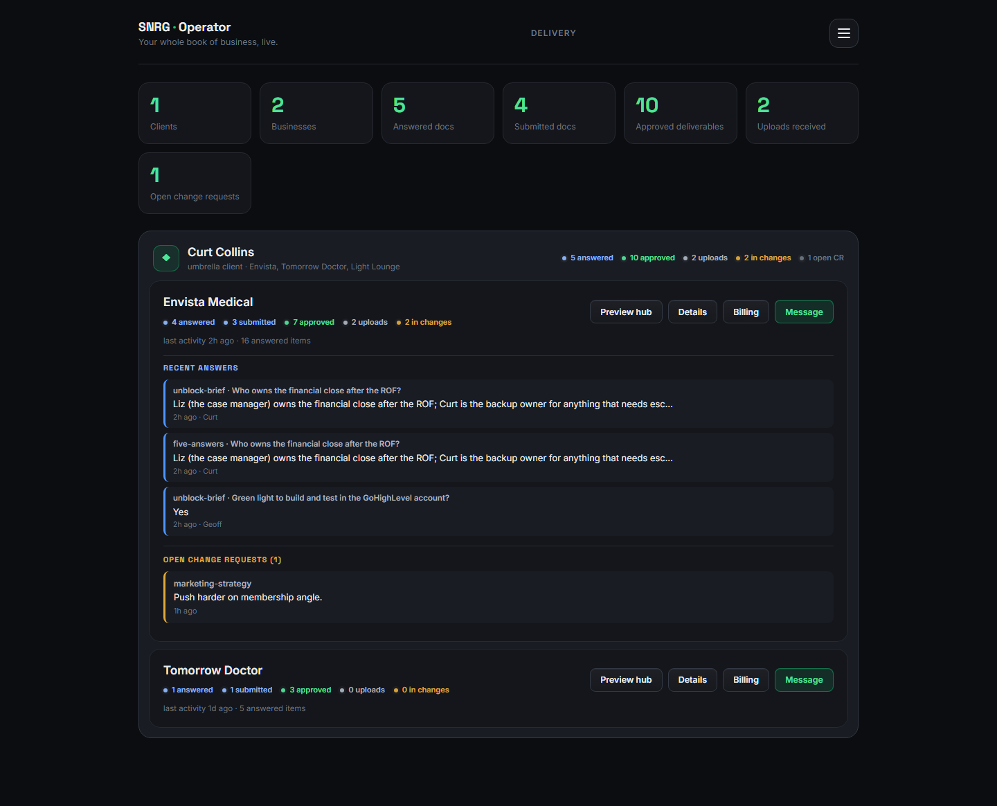 SNRG dashboard delivery queue
